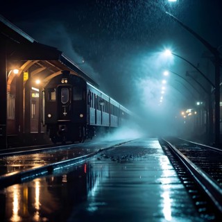 Nighttime train wash in a misty depot with water spray, AI generated