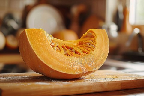 Slice of orange pumpkin with seeds on cutting board in kitchen. Generative AI, AI generated