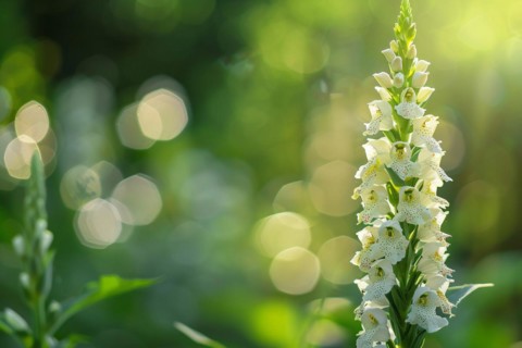 White Digitalis flower with blurry green nature background. KI generiert, generiert, AI generated