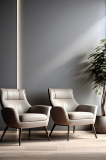Minimalist styled waiting room with an ordered row of chairs lined up, AI generated