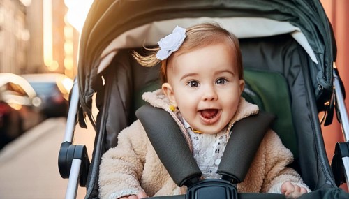 A baby sits smiling in a pram on a city street at sunset, AI generated, AI generated