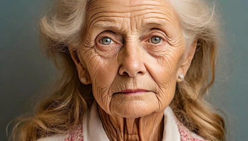 Close-up of the face of an old woman with grey hair and a serious look, AI generated, AI generated