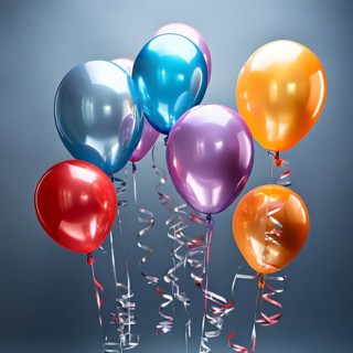 AI generated cluster of vibrant helium balloons floating against a grey background