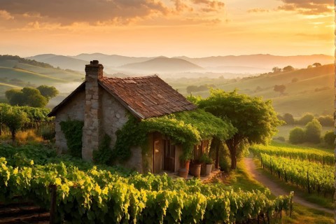 AI generated rustic vineyard cottage nestled amidst lush summer colored vine leaves