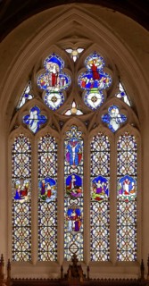 Stained glass east window by James Powell 1851, Wroughton church, Wiltshire, England, UK, Nativity,