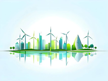 Abstract visual illustration of a city skyline where buildings morph into wind turbines and trees,