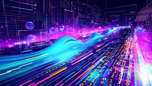 Abstract data stream flowing like liquid light, with sharp lines of code and binary numbers