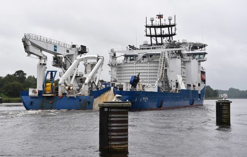Ship, special ship, cable-laying ship NKT Victoria travelling through the Kiel Canal, Kiel Canal,