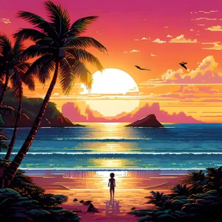 Pixel art illustration of a tropical island paradise with palm trees and sandy beach, AI generated