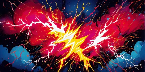 Abstract pop art comic illustration in vibrant colors with thunderbolt crackling across the canvas,