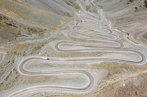 Mountain pass Los Caracoles, The Snails, road connecting Chile and Argentina, aerial view, Chile,