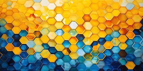 Abstract composition of interlocking blue and yellow hexagons, AI generated