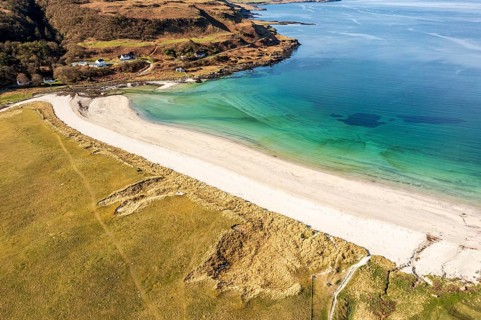 Aerial view of Calgary beach, a sandy beach on the west coast of Isle of Mull, Scotland, UK
