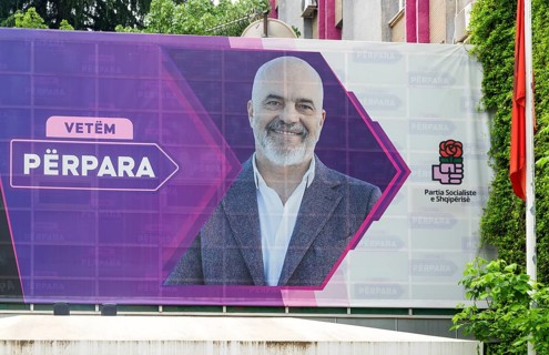 Large political billboard poster Prime Minister Edi Rama of the Albanian Socialist party, city