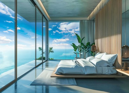 Luxury condo facing scenic ocean view and a beach, AI generated
