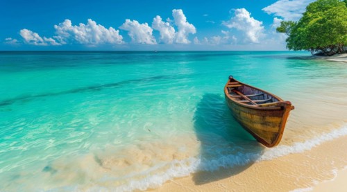 Wooden canoe at the scenic beach in Asian resort island near popular tourist destination hotel, AI