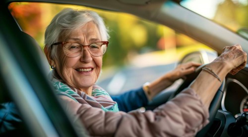 A happy senior woman in glasses is driving a car and smiling, AI generated