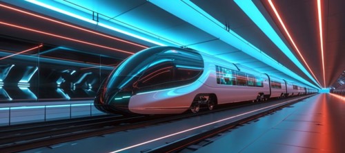 High speed train running between cities carrying passengers and tourists, AI generated