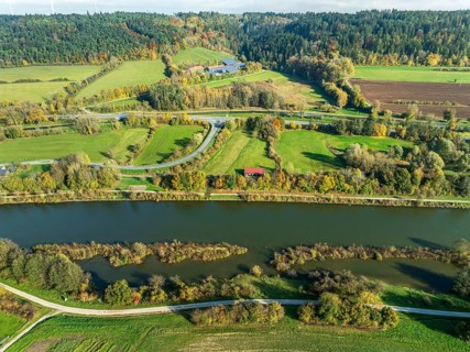 Aerial view of Main-Donau Kanal, near village Plankstetten, fields and meadows, Berching, Bavaria,