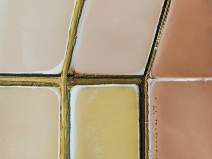 Saline ponds at the Bonanza salt works near Sanlúcar de Barrameda. The reddish colour depends on