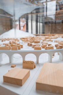Miniature model with bridge and buildings, presented for planning and visualisation, Nagold Town