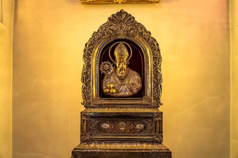 Silver bust reliquary of St Nicholas in the interior of the parish church of St Nicholas in