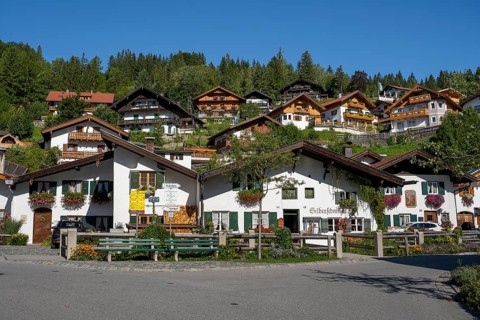 Typical Bavarian houses, Im Gries, Mittenwald, Werdenfelser Land, Upper Bavaria, Bavaria, Germany,