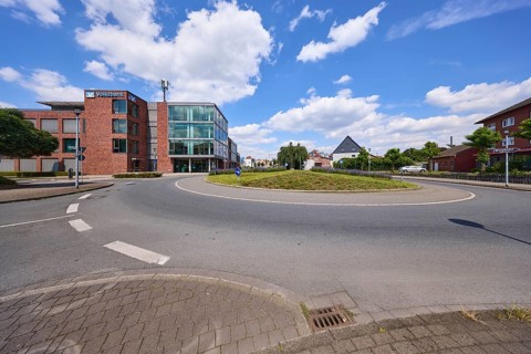 Roundabout with main branch Haltern of Volksbank Westmünsterland eG in Haltern am See, Ruhr area,