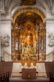 Interior view of the main altar with painting St John on Patmos by Johann Baptist Zimmermann,