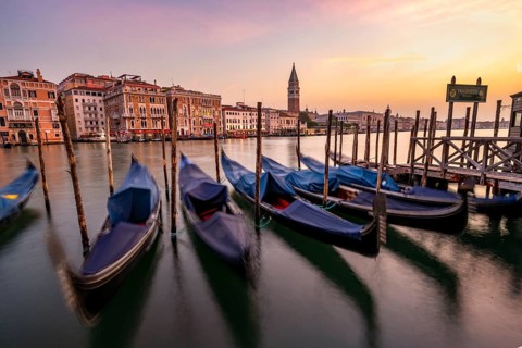 Venetian gondolas, boat dock at the customs office on the Grand Canal, Gondola Traghetto Dogana,