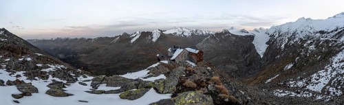 Panorama, Snowy mountain landscape, mountain hut Ramolhaus in autumn with snow, at sunset, view of
