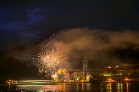 Solstice fireworks with a view of Dürnstein, Rossatz-Arnsdorf, Lower Austria, Austria, Europe