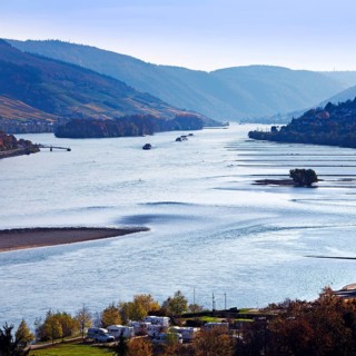 Elevated view of the wide Rhine in Bacharach, UNESCO World Heritage Upper Middle Rhine Valley,