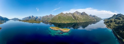 Panoramic aerial view over fjord Raftsund, the waterway between Lofoten and Vesteralen island,