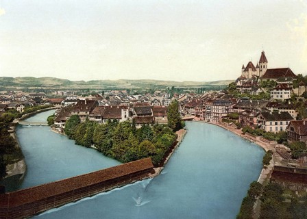 Thun und Aare, Bernese Oberland, Switzerland, Historic, digitally restored reproduction from a 19th