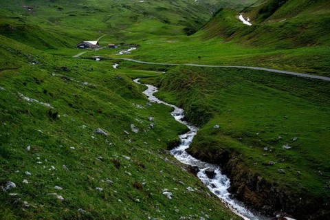 Stream in green mountain meadow with alpine hut, Lech, Lechquellengebirge, Vorarlberg, Austria,