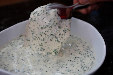 Swabian cuisine, preparation of fillet of Lake Constance whitefish with herbs and creamed cabbage,