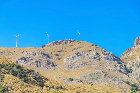 Wind turbines generating electricity, Kerames, Rethymno, Southern Crete, Crete, Greek Islands,