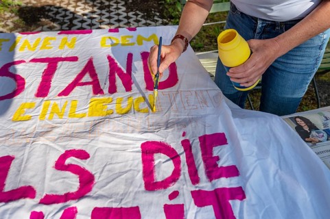 Preparation of banners for the democracy festival to mark 75 years of the Basic Law, Franconia,
