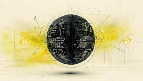Illustration of an abstract, rotating digital sphere with patterns resembling AI algorithms,