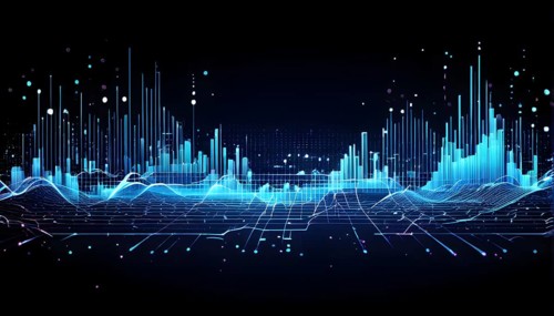 Abstract illustration of digital wave forms and circuits converging to form abstract symbols of