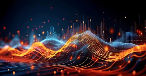 Abstract illustration of digital wave forms and circuits converging to form abstract symbols of