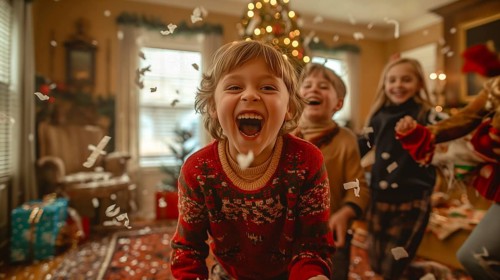 Happy children laughing together on christmas morning amongst the confetti and wrapping paper they