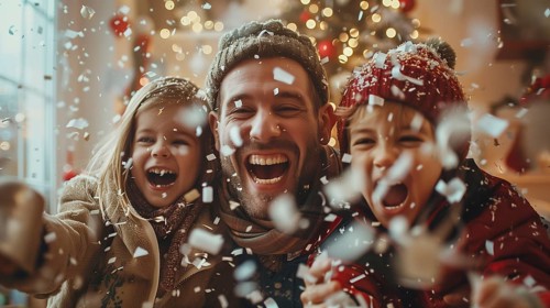 Young happy family laughing together on christmas morning amongst the confetti and wrapping paper
