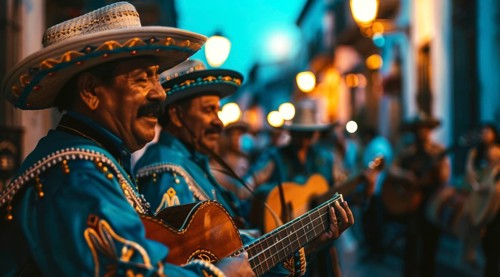 Mariachi Mexican musician band play during festive event on Mexican street in traditional costume.,
