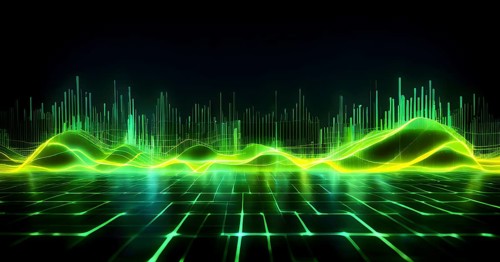 Glowing digital wave forms fluctuating in sync with a pulsating grid background, representing the