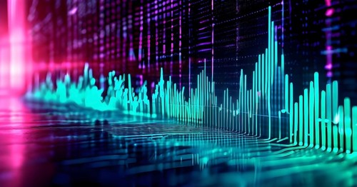 Glowing digital wave forms fluctuating in sync with a pulsating grid background, representing the