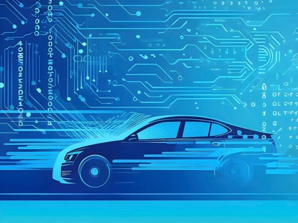 Sport car silhouette with vibrant blue dynamic lines showing motion, surrounded by data streams, AI