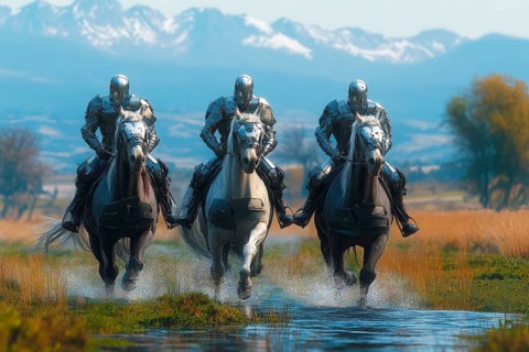 Cyborg soldiers in full battle armor riding white horses in water, AI generated