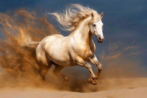 White horse with flamboyant mane galloping in sand, AI generated
